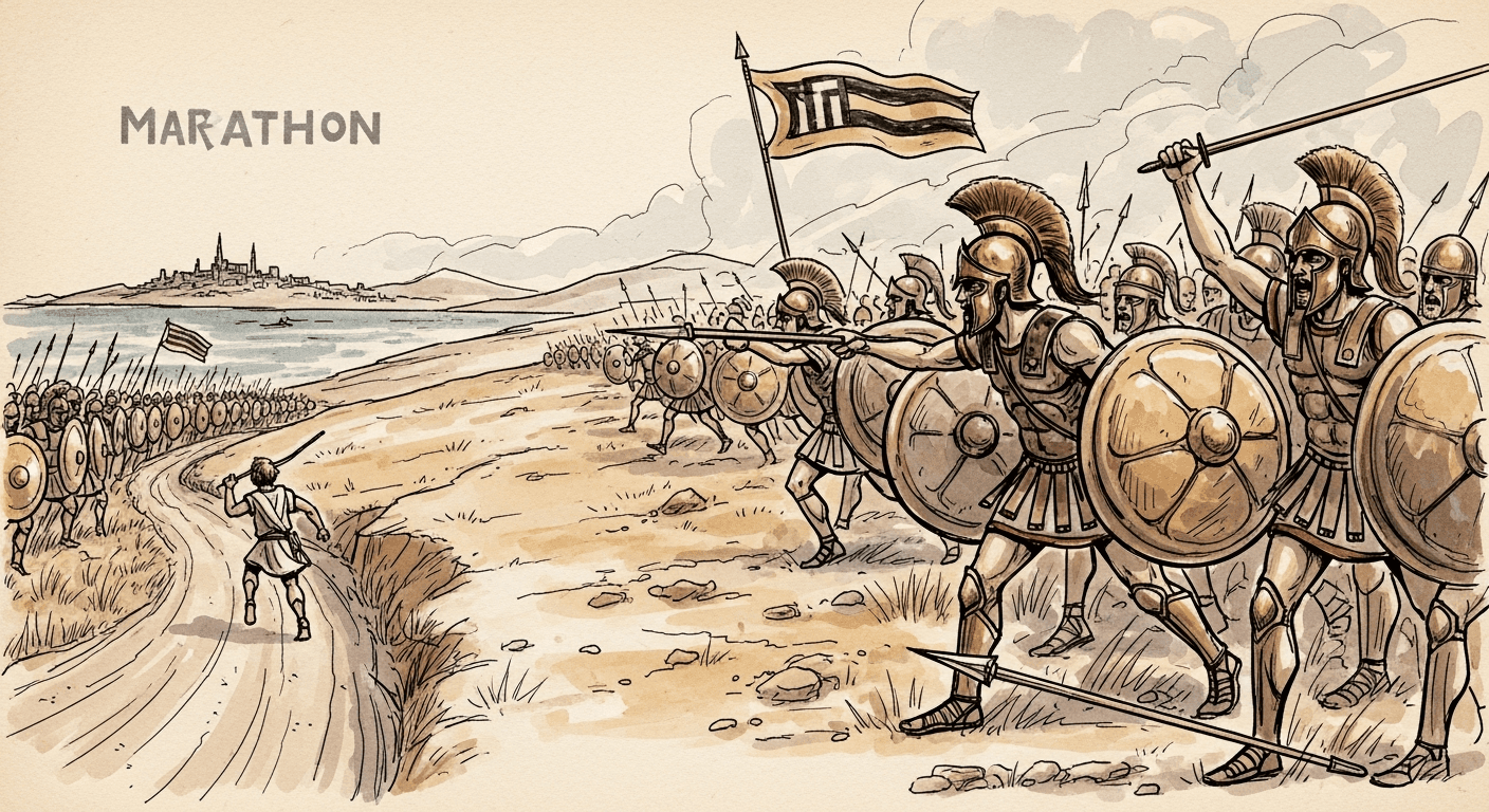 마라톤 전투 — 아테네 중장보병이 페르시아군 측면을 포위하는 장면
