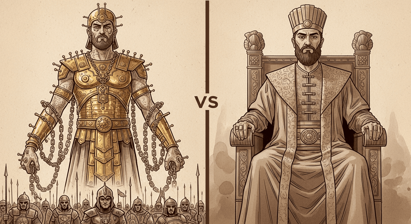 영화 속 크세르크세스(금빛 피어싱, 3미터 거인)와 실제 페르세폴리스 조각상 비교