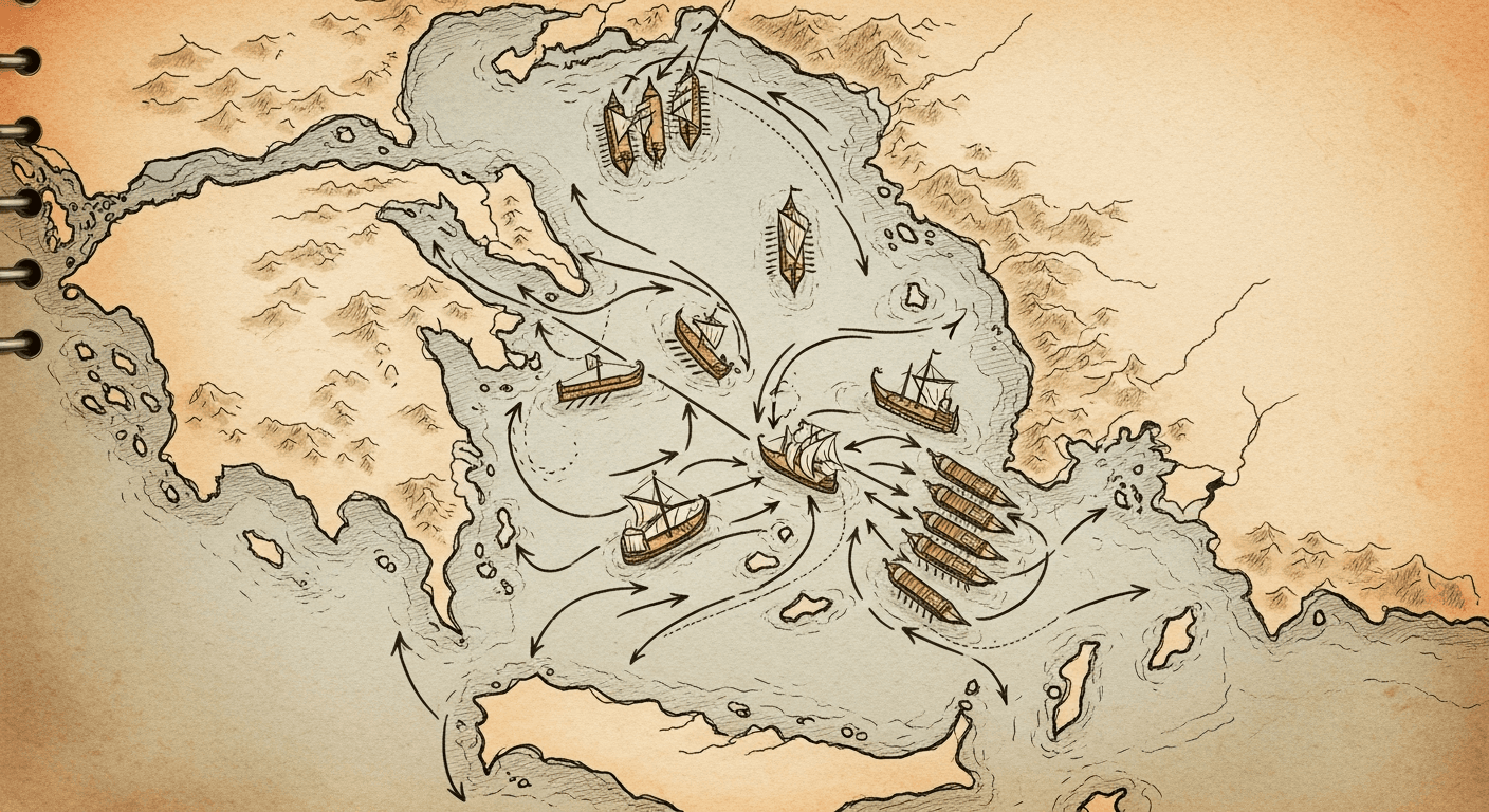살라미스 해전 전술 지도 — 좁은 해협으로 페르시아 함대를 유인한 테미스토클레스