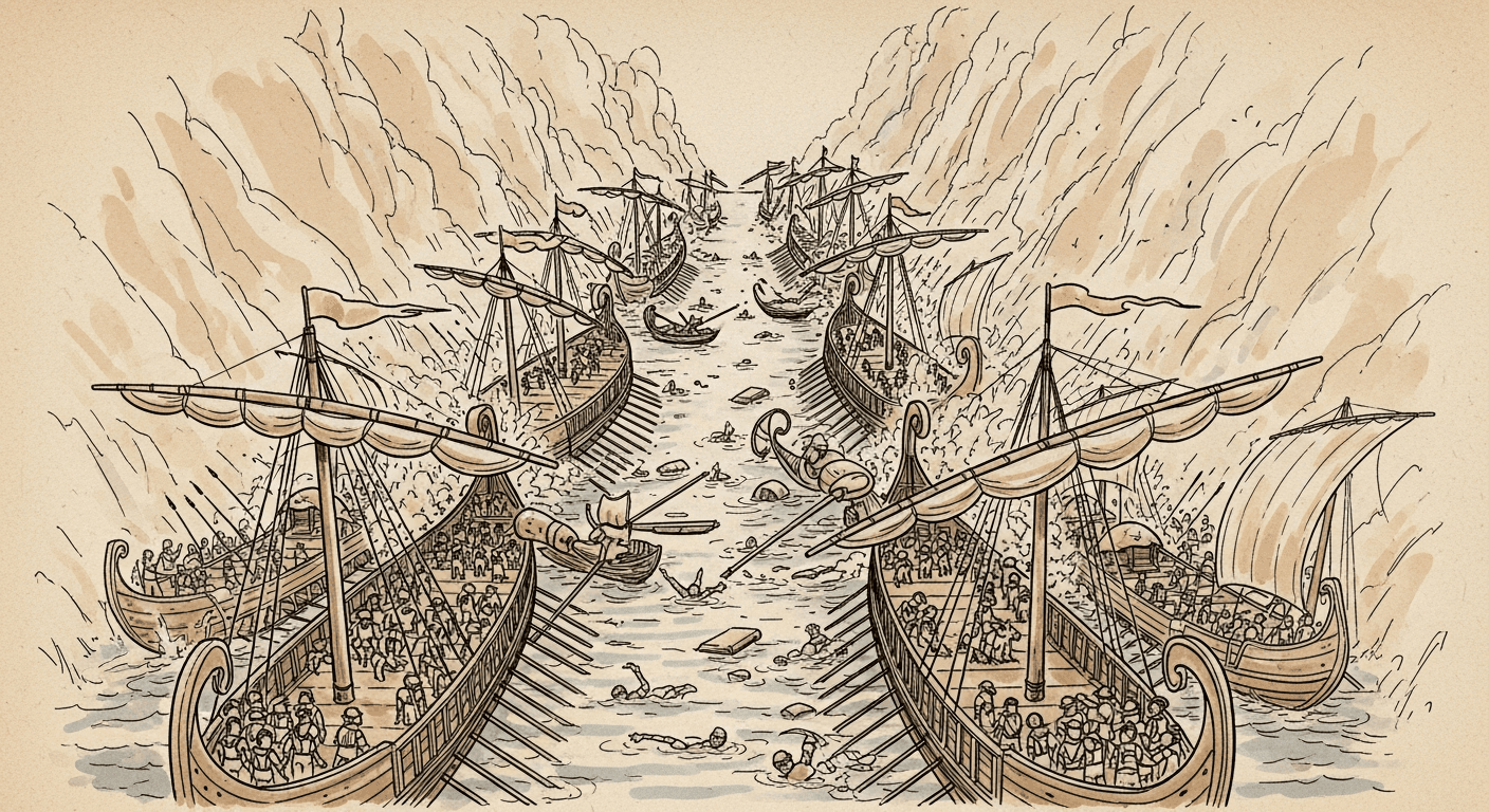 살라미스 해전 — 그리스 삼단노선이 페르시아 함선을 충각으로 격파하는 장면