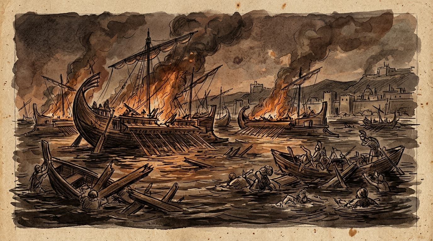 시칠리아 원정 전멸 — 아테네 함대가 시라쿠사 항구에서 불타다