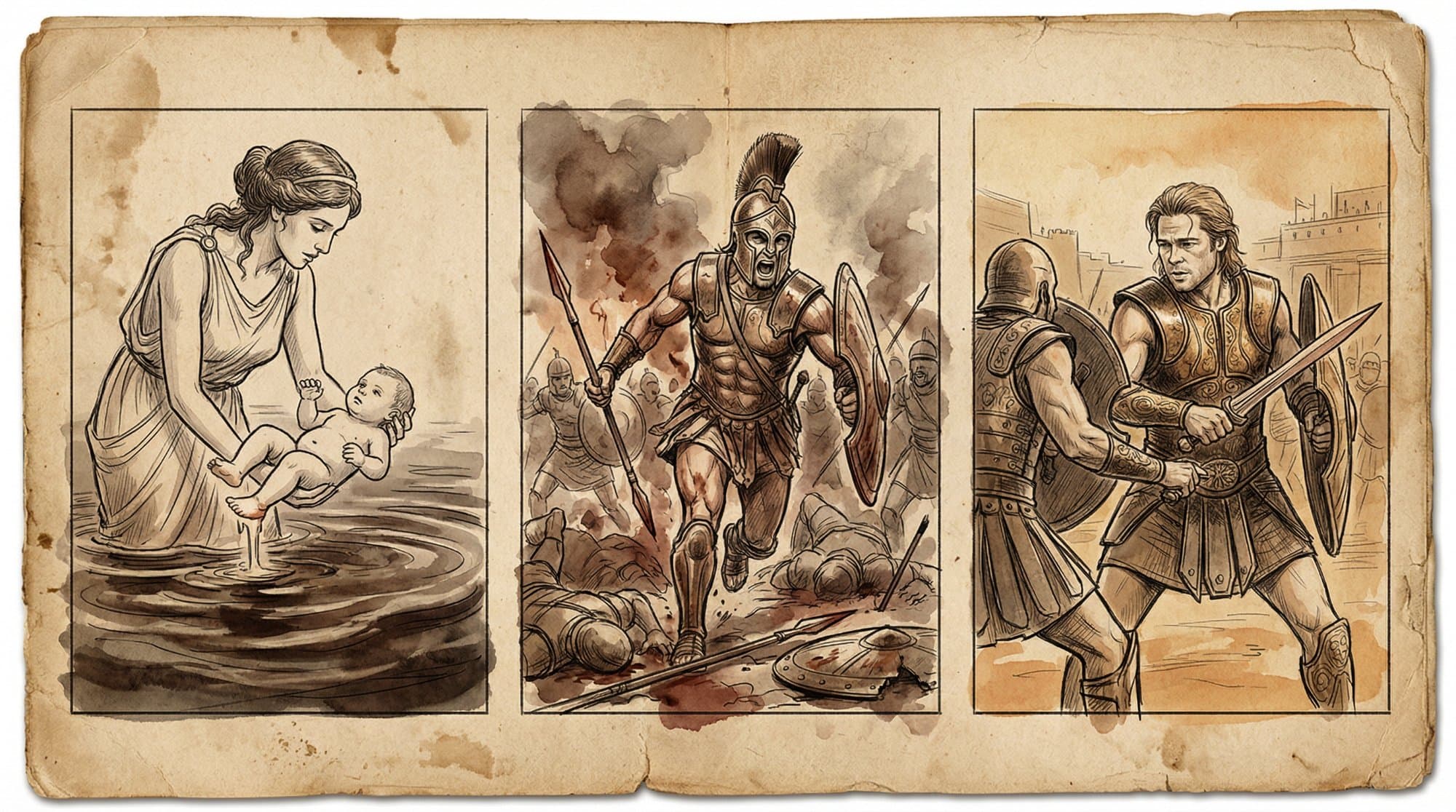 아킬레우스 신화 개념도 — 스틱스 강 전설, 일리아드 원전, 영화 비교