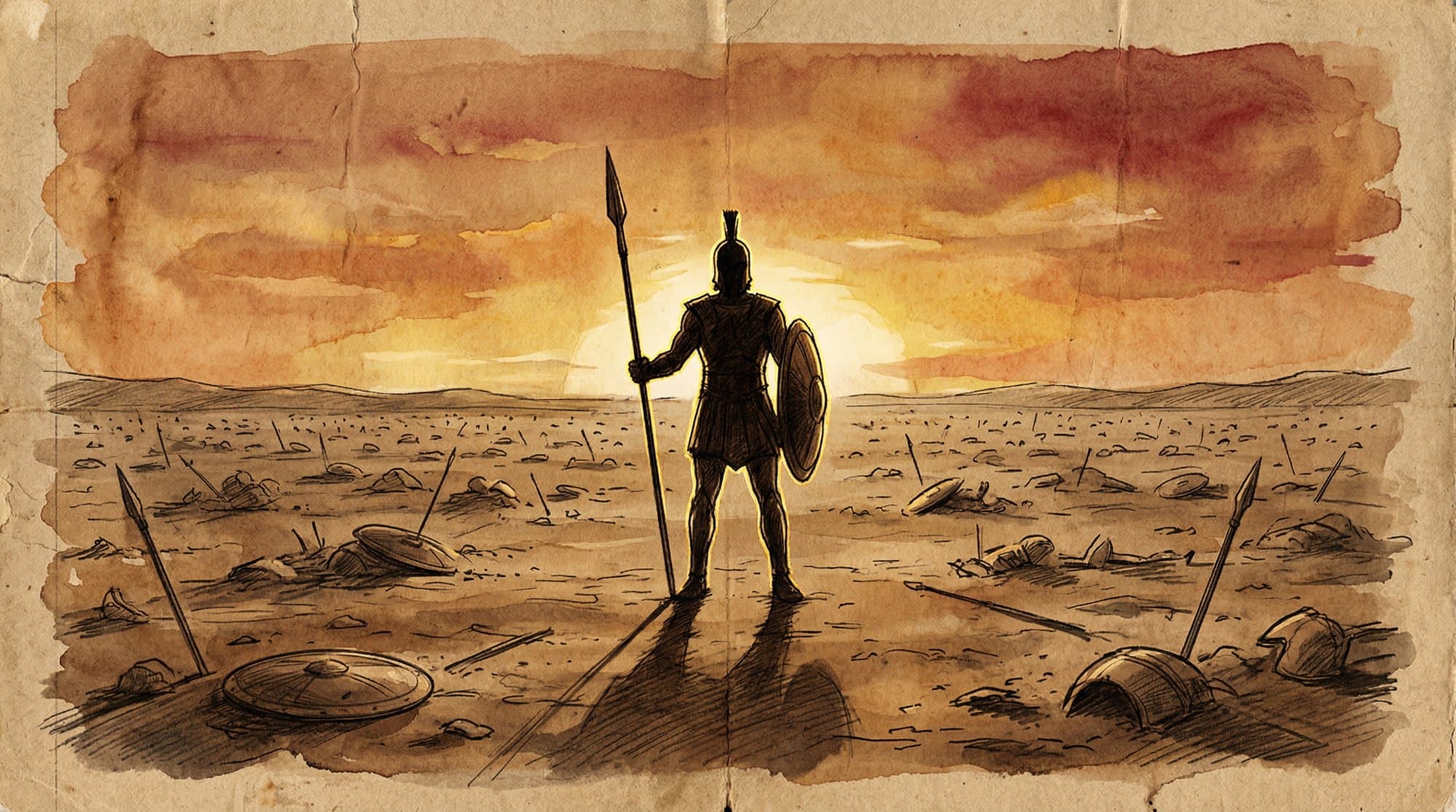아킬레우스 전장 실루엣 — 역광 속 고독한 전사