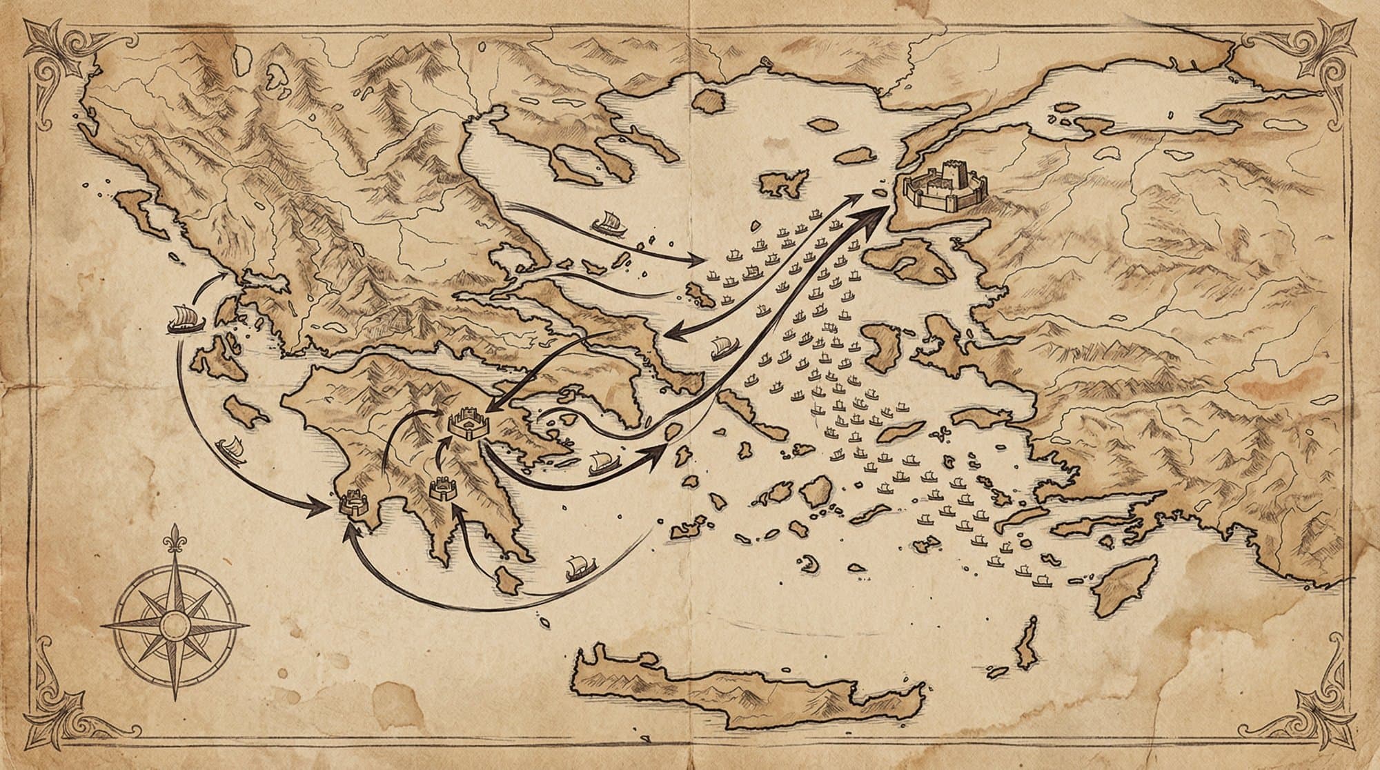 그리스 연합군 출발 지도 — 각 도시국가에서 트로이로 향하는 화살표