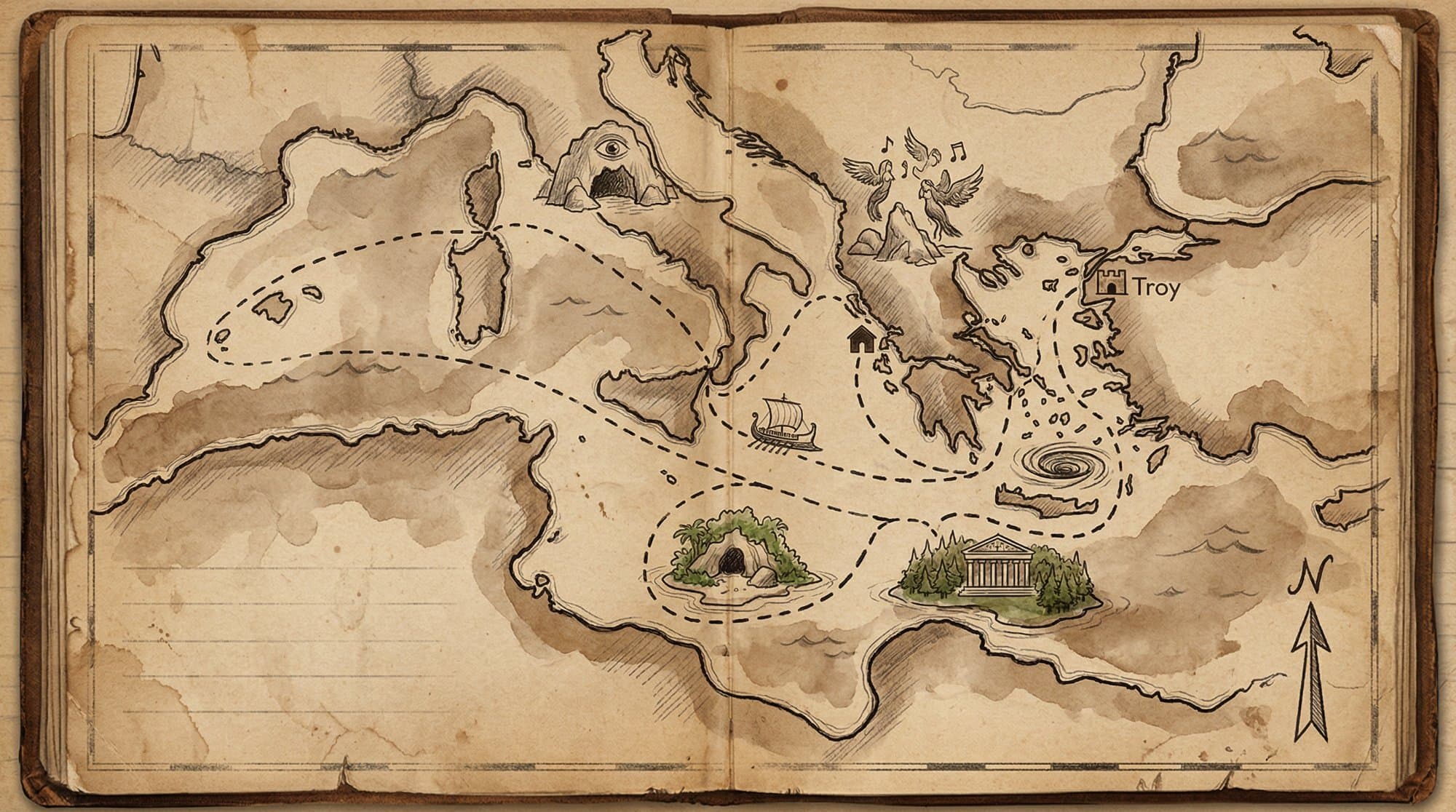 오디세이 항해 지도 — 트로이에서 이타카까지 모험 경로