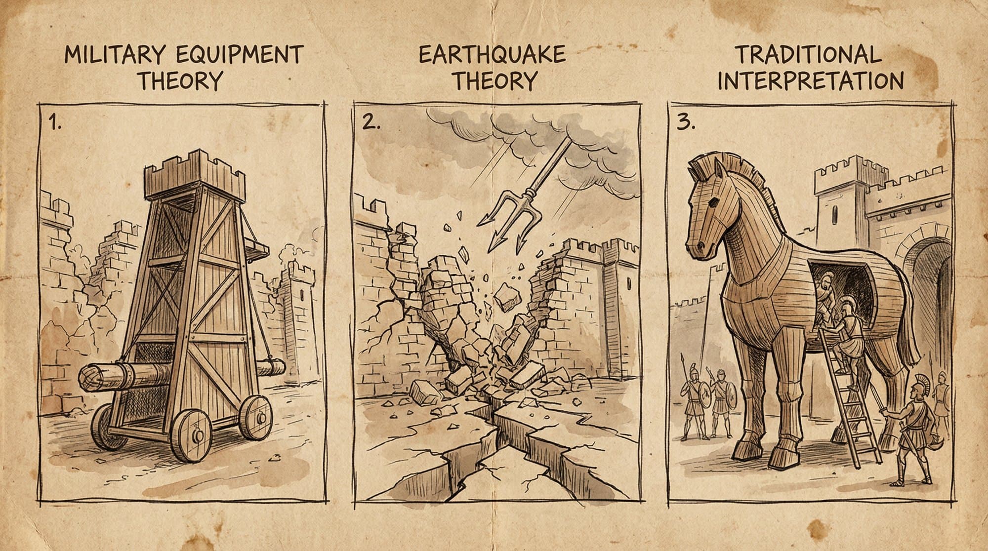 트로이 목마 3가지 해석 — 공성병기/지진/실제 목마 비교