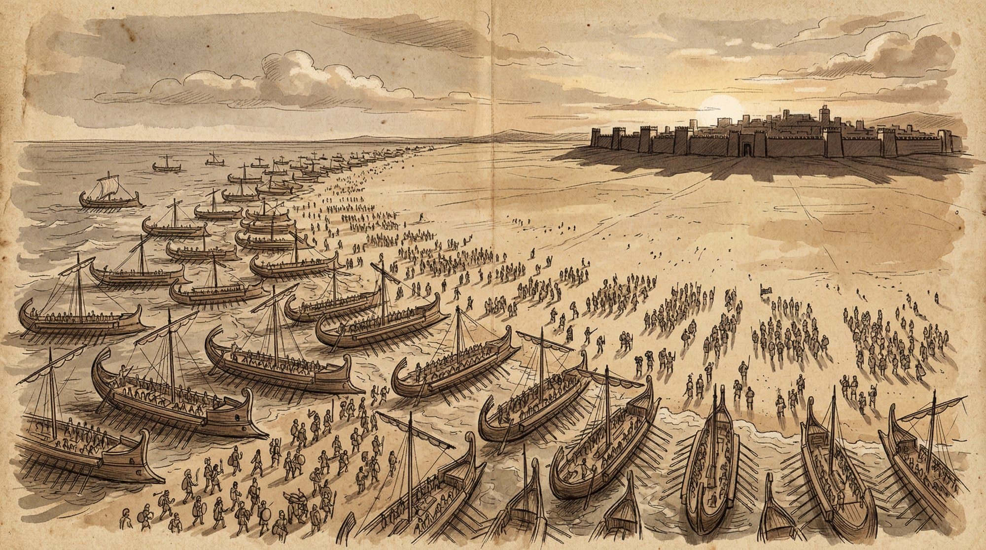 트로이 해변 상륙 전경 — 함대가 해안에 도착하는 파노라마
