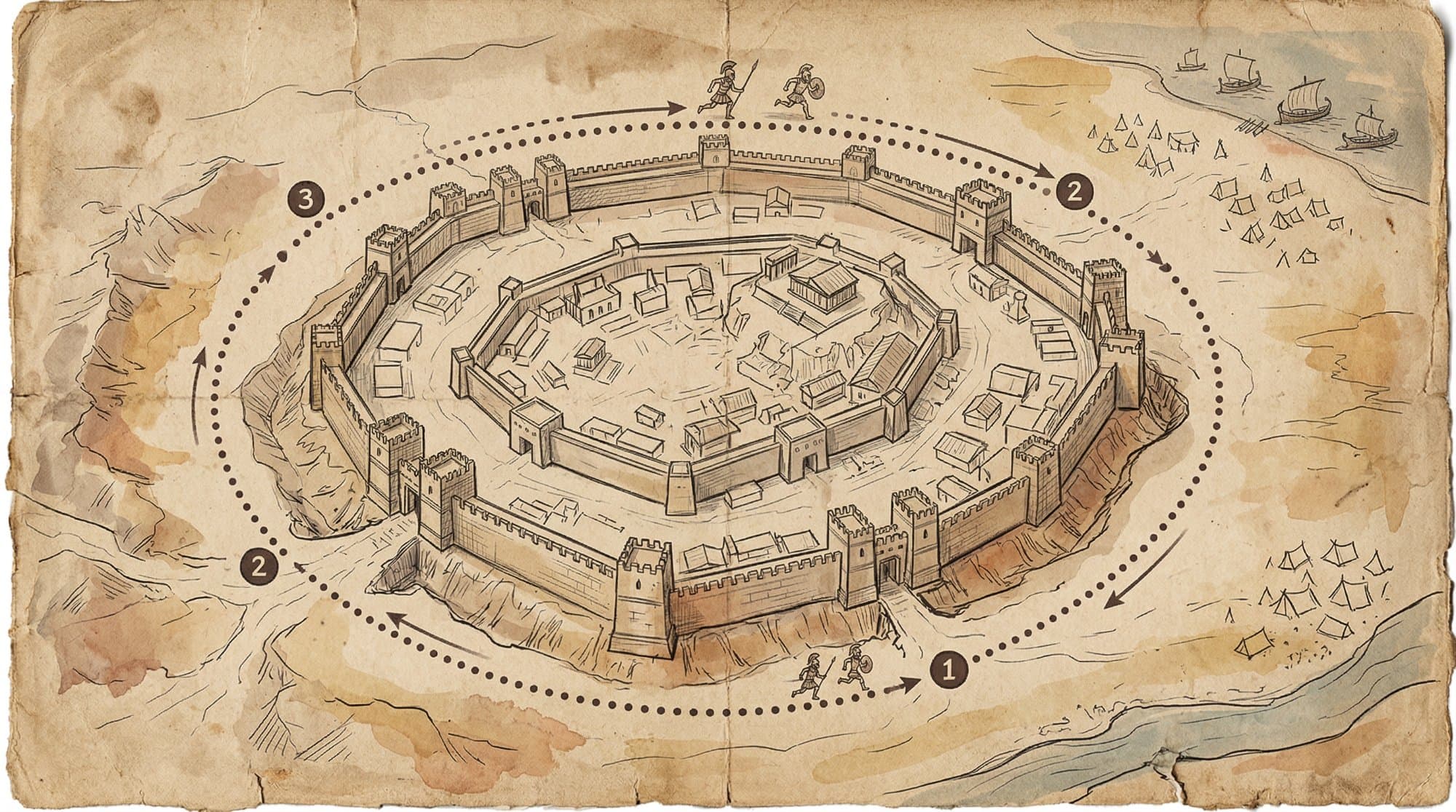 트로이 성벽 3바퀴 추격 경로 — 성벽 평면도 위 추격 동선