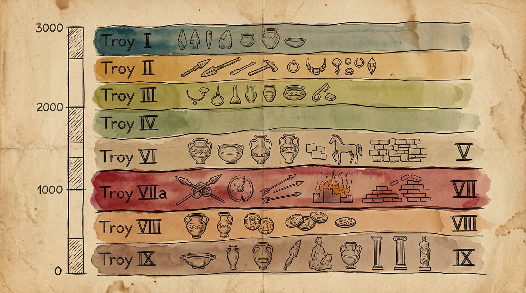 트로이 9개 층 지층 단면도 — 각 층별 시대와 특징