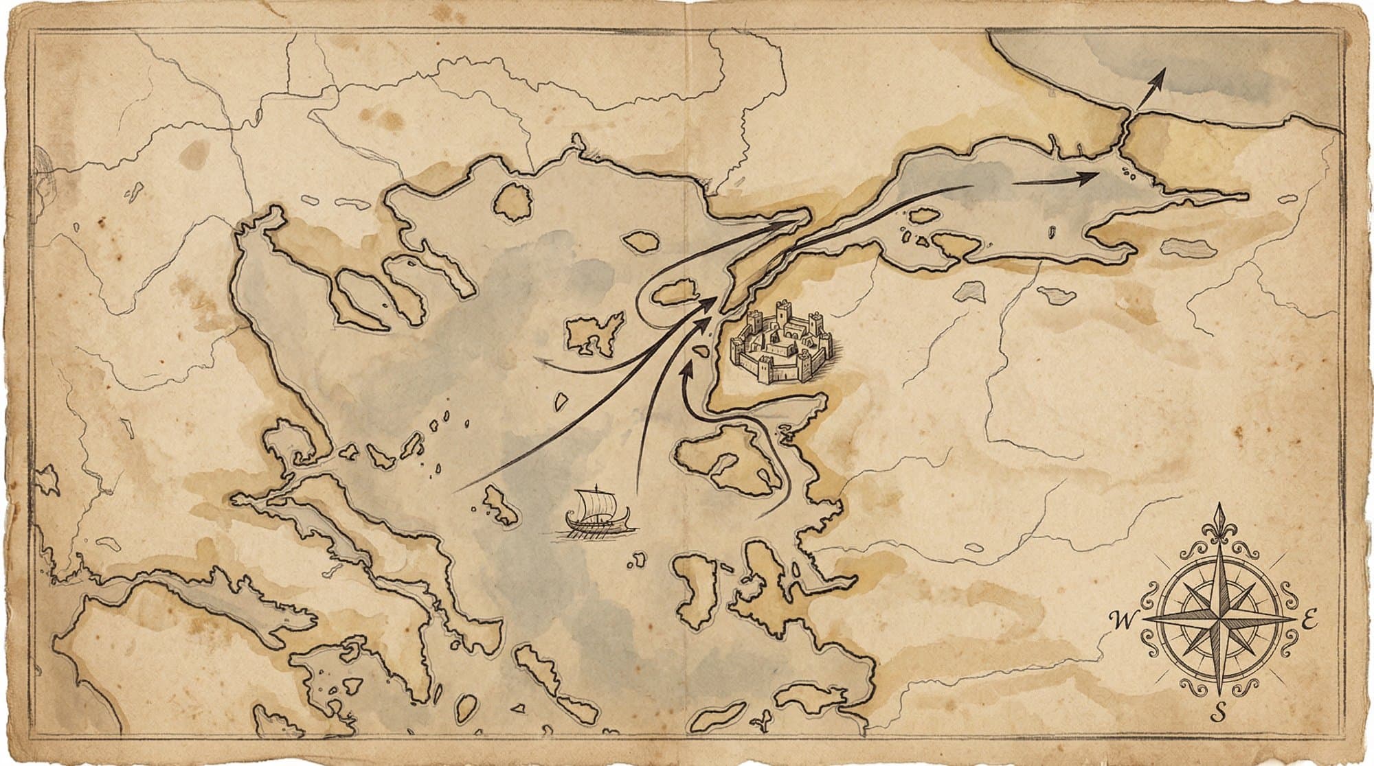 에게해와 트로이 위치 지도 — 다르다넬스 해협의 전략적 위치