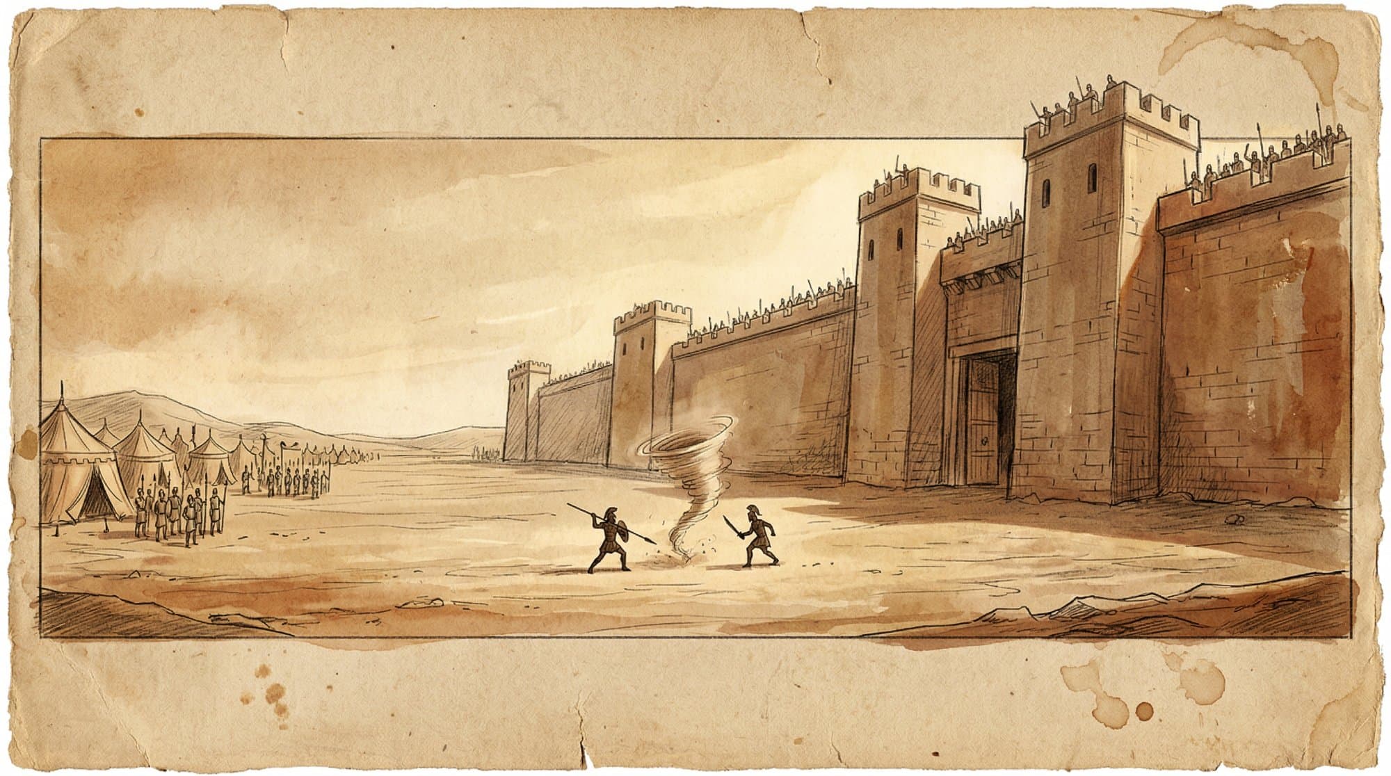 트로이 성벽 앞 결투 장면 — 두 전사 실루엣