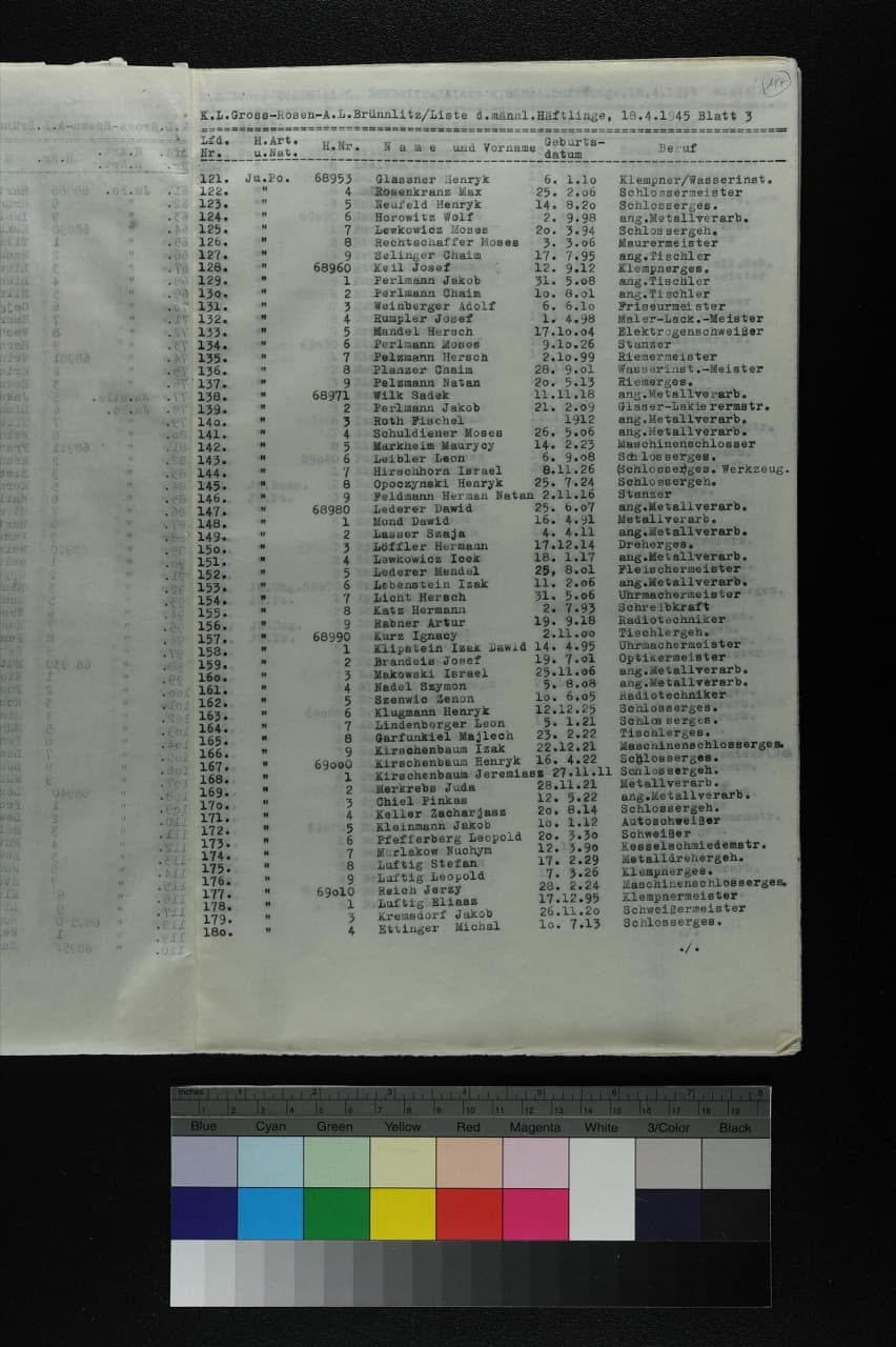 1945년 4월 18일자 쉰들러 리스트의 한 장